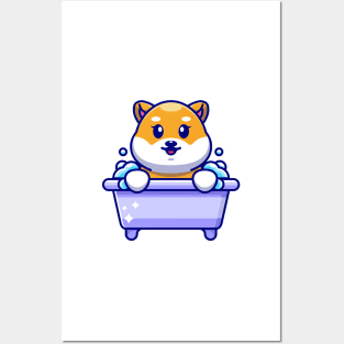 Cute shiba inu dog in a bathtub cartoon character Posters and Art